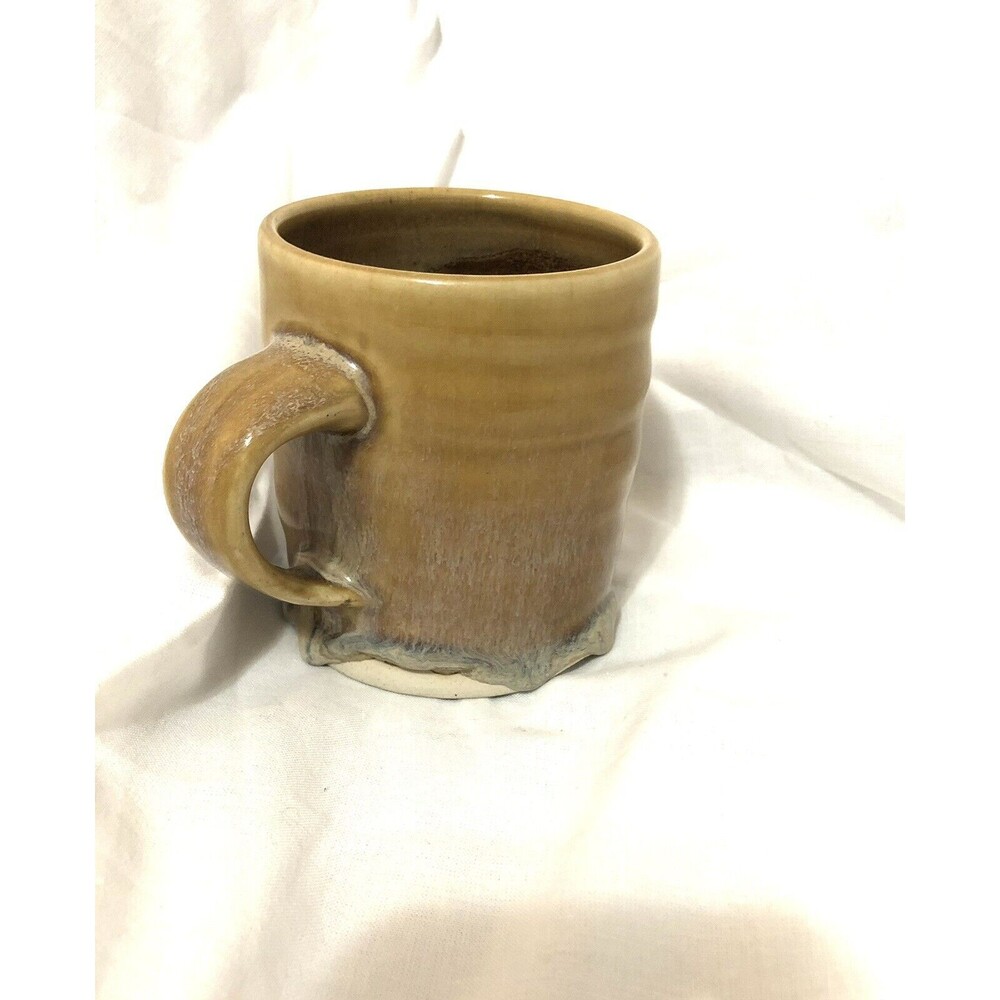 Signed Artistic Stoneware Clay Drip Glazed Tan Pottery Coffee/Tea/Cup/Mug